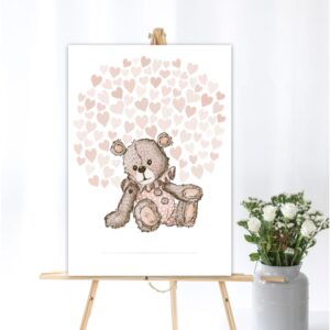 Gæsteplakat med lyserøde hjerter og Teddybear