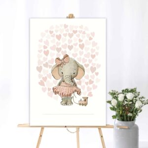 Gæsteplakat med lyserøde hjerter og elefant